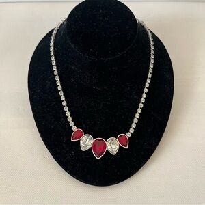 Vintage YSL Yves Saint Laurent Red & Clear Rhinestones Silver Tone Necklace